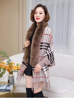 Cashmere Feeling Plaid Open-front Cape W/ Fur Collar